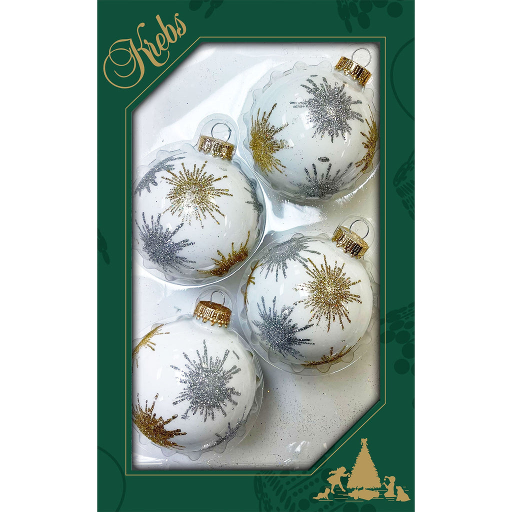 Glass Christmas Tree Ornaments - 67mm/2.63" [4 Pieces] Decorated Balls from Christmas by Krebs Seamless Hanging Holiday Decor (Porcelain White with Silver & Gold Starlight)