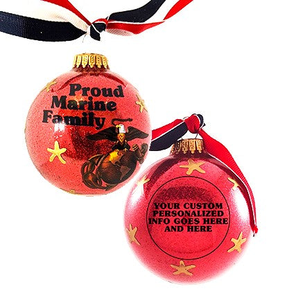 Christmas Tree Ornaments Made in the USA - 80mm / 3.25" Decorated Collectible Glass Balls from Christmas by Krebs - Handmade Hanging Holiday Decoration for Trees (Proud Marine Corps Family)
