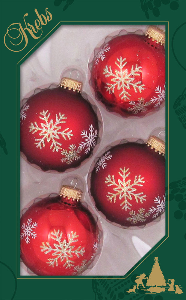 Glass Christmas Tree Ornaments - 67mm/2.63" [4 Pieces] Decorated Balls from Christmas by Krebs Seamless Hanging Holiday Decor (Christmas Red & Red Velvet Snowflakes)