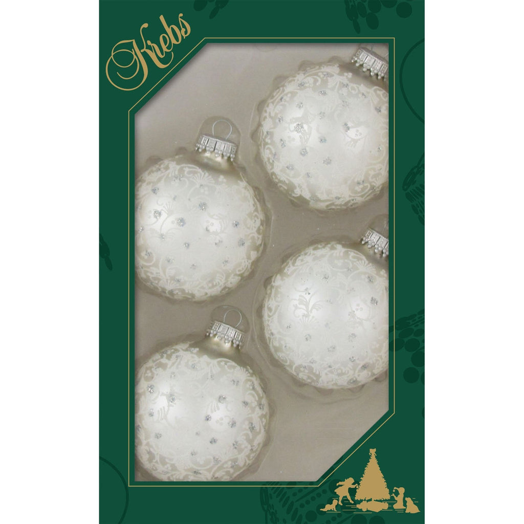 Glass Christmas Tree Ornaments - 67mm/2.63" [4 Pieces] Decorated Balls from Christmas by Krebs Seamless Hanging Holiday Decor (Silver Pearl with Lace and Silver Sparkles)