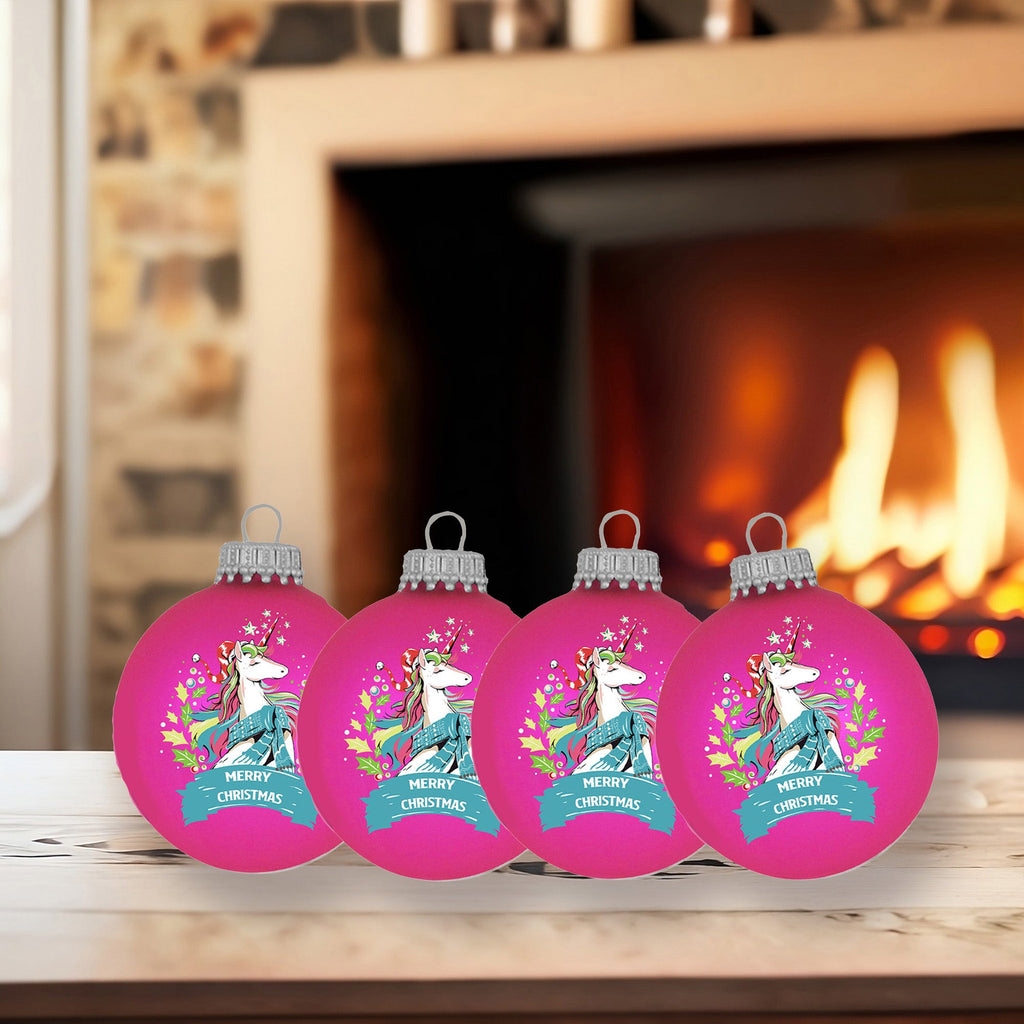 Glass Christmas Tree Ornaments - 67mm/2.625" [4 Pieces] Decorated Balls from Christmas by Krebs Seamless Hanging Holiday Decor (Bubblegum Velvet with Holiday Unicorn)