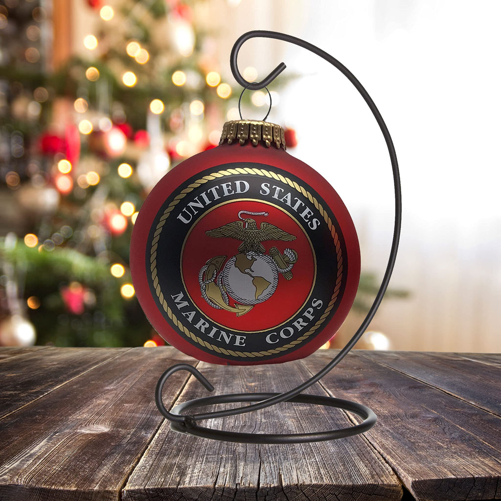 Christmas Tree Ornaments Made in the USA - 80mm / 3.25" Decorated Collectible Glass Balls from Christmas by Krebs - Handmade Hanging Holiday Decorations for Trees (Marine Corps Seal and Established Date, Silk)