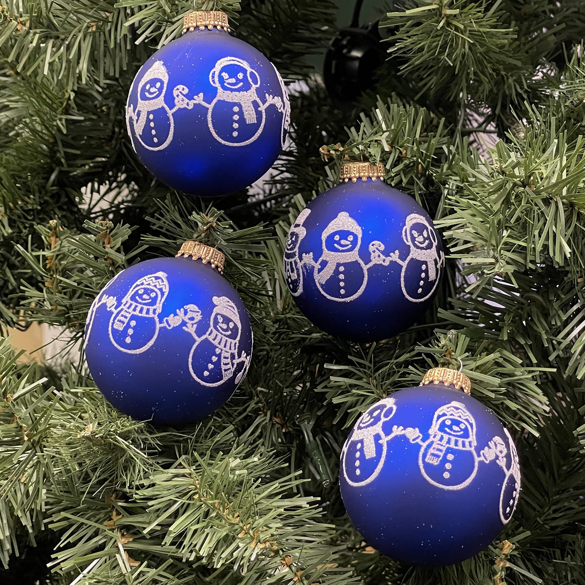 Glass Christmas Tree Ornaments - 67mm/2.63" [4 Pieces] Decorated Balls from Christmas by Krebs Seamless Hanging Holiday Decor (Royal Velvet Blue with Snowman)