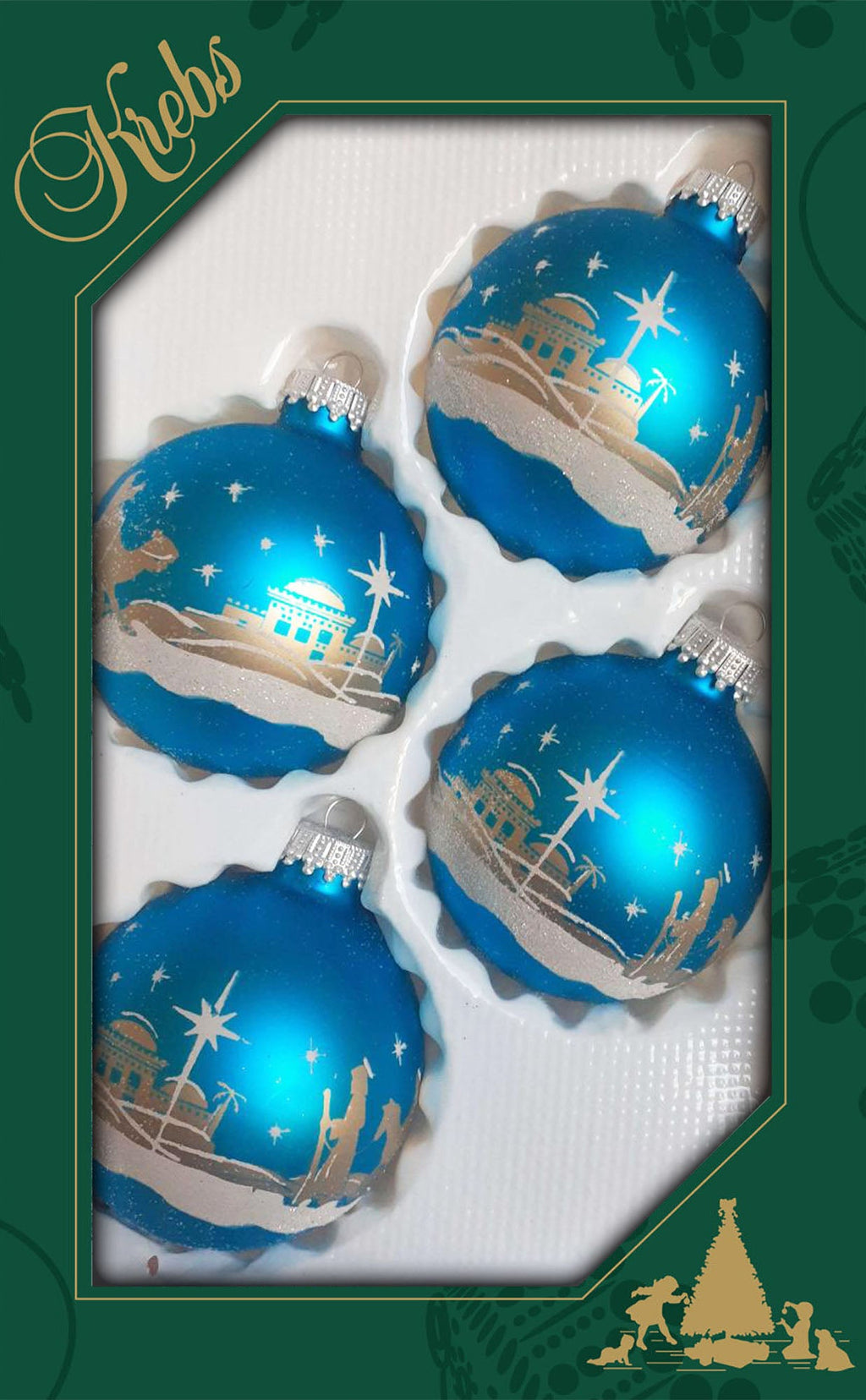 Glass Christmas Tree Ornaments - 67mm/2.63" [4 Pieces] Decorated Balls from Christmas by Krebs Seamless Hanging Holiday Decor (Turquoise Bliss Blue with Bethlehem Scene)