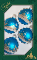Glass Christmas Tree Ornaments - 67mm/2.63" [4 Pieces] Decorated Balls from Christmas by Krebs Seamless Hanging Holiday Decor (Turquoise Bliss Blue with Bethlehem Scene)