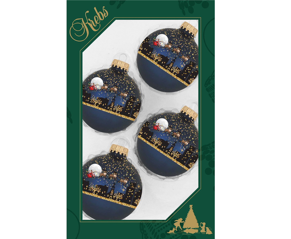 Glass Christmas Tree Ornaments - 67mm/2.63" [4 Pieces] Decorated Balls from Christmas by Krebs Seamless Hanging Holiday Decor (Midnight Haze Blue with Midnight Before Christmas)