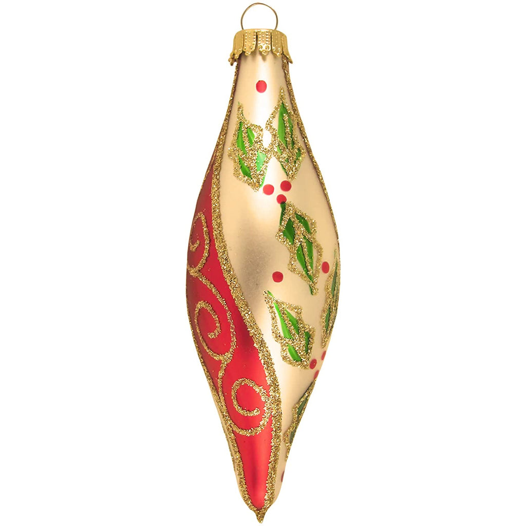 Glass Christmas Tree Ornaments - 67mm/2.63" [4 Pieces] Decorated Balls from Christmas by Krebs Seamless Hanging Holiday Decor (Chiffon Gold 4" Finial with Holly & Scrolls)