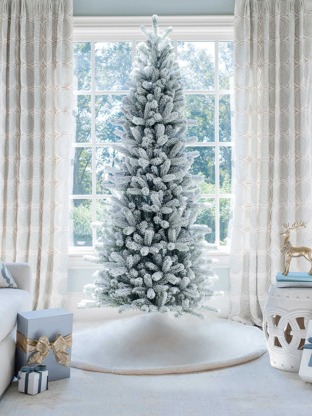 10' King Flock® Slim Artificial Christmas Tree with 1000 Warm White LED Lights