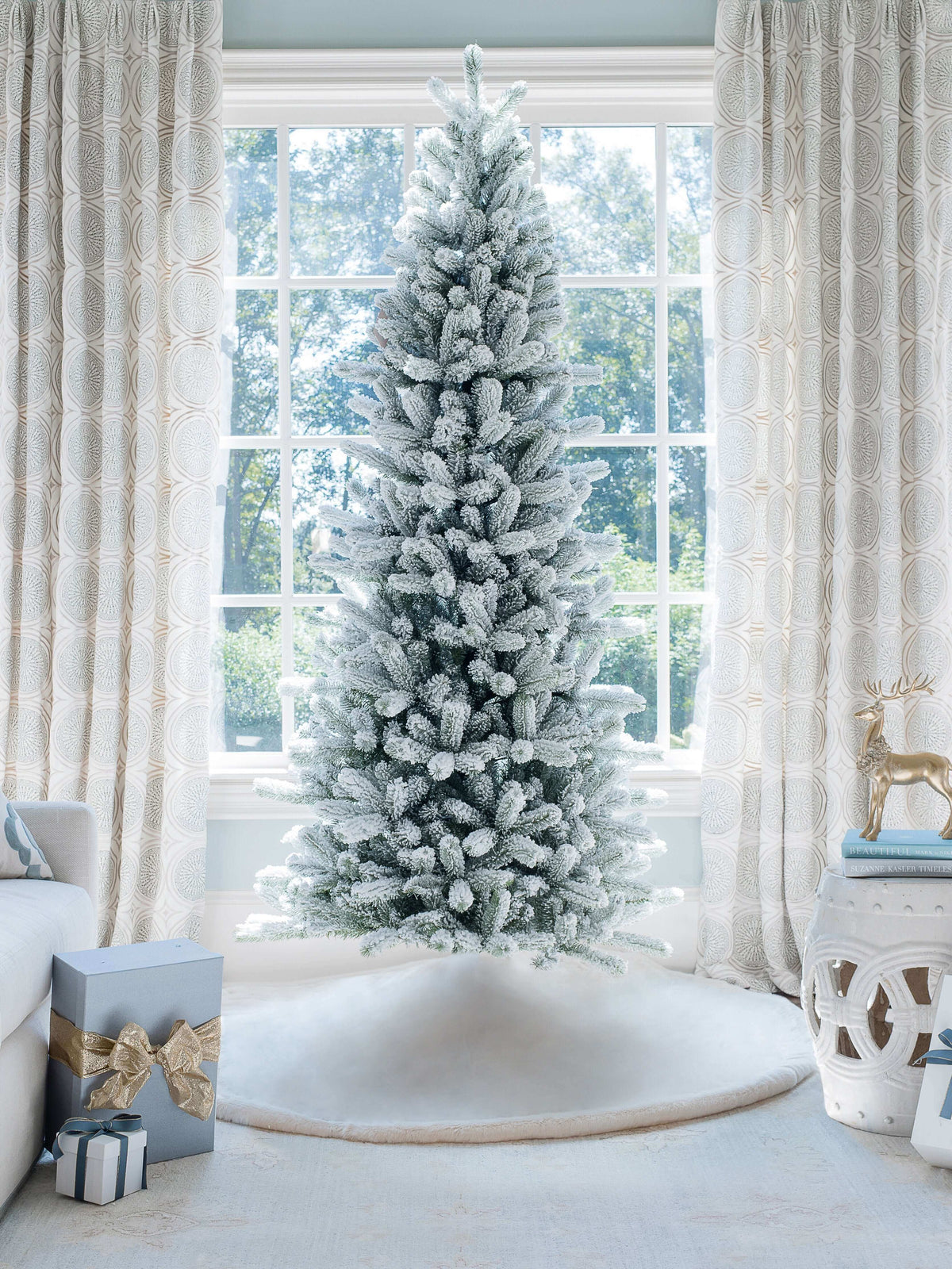 7.5' King Flock® Slim Artificial Christmas Tree with 650 Warm White LED Lights