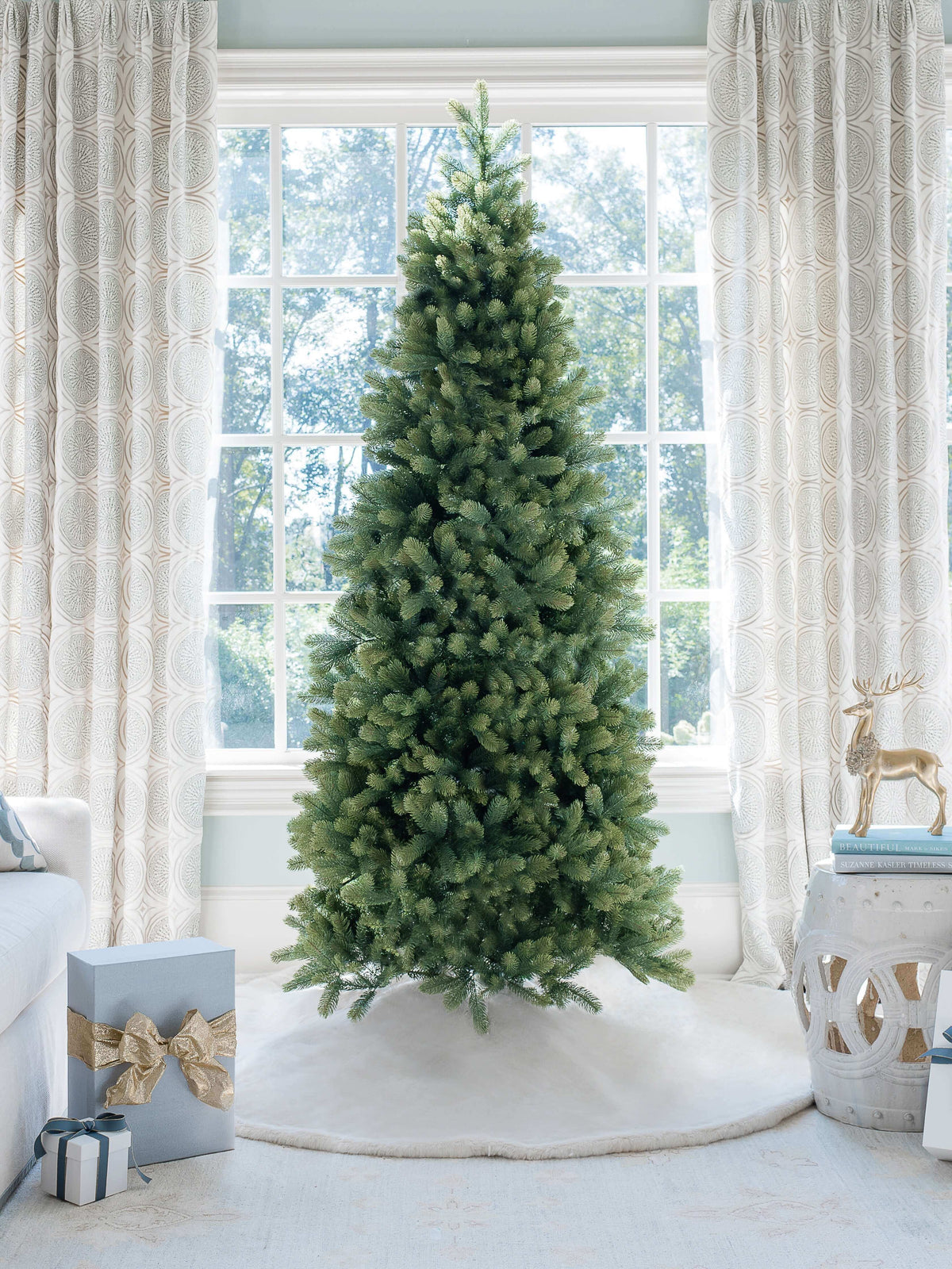 10' Royal Fir Slim Artificial Christmas Tree with 1500 Warm White & Multi-Color LED Lights