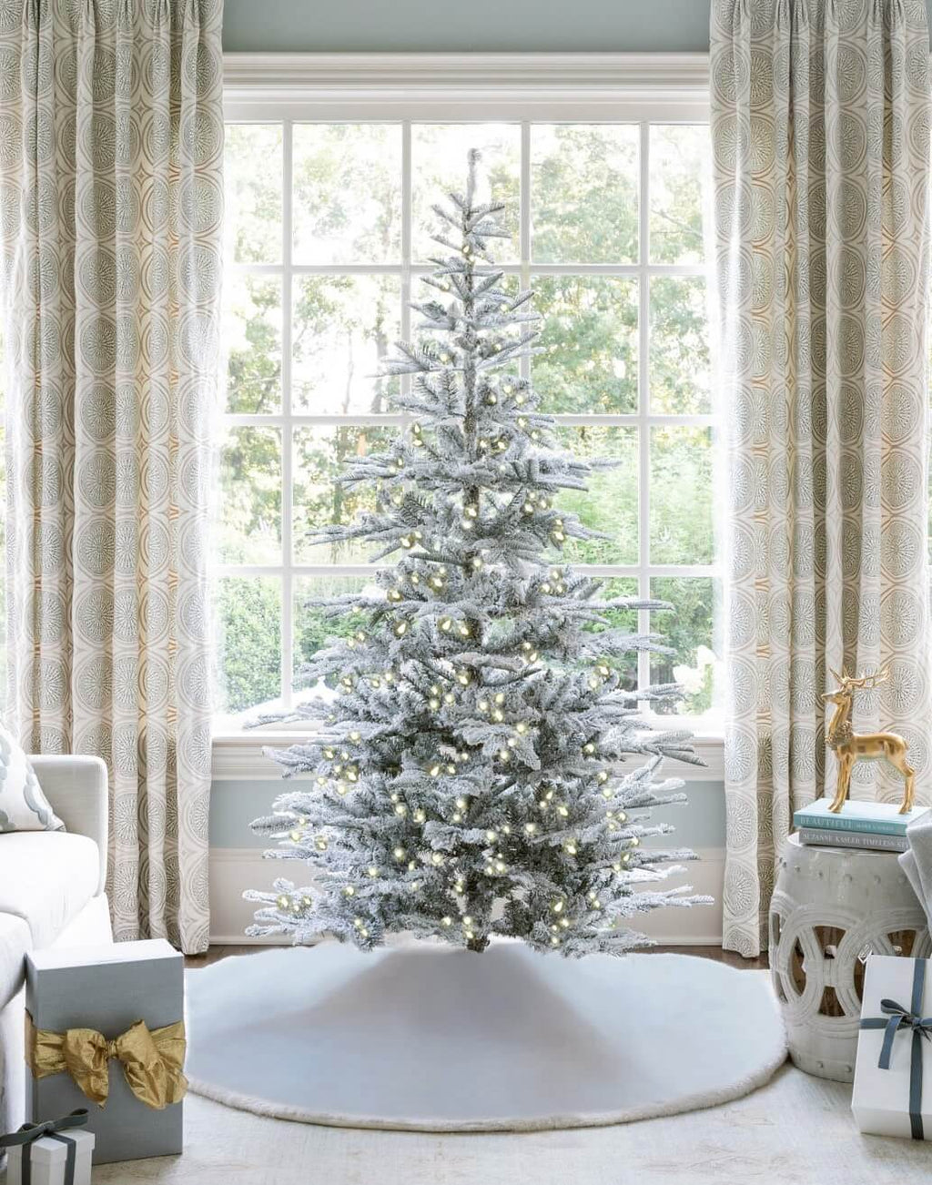 7' King Noble Flock Artificial Christmas Tree with 500 Warm White LED Lights