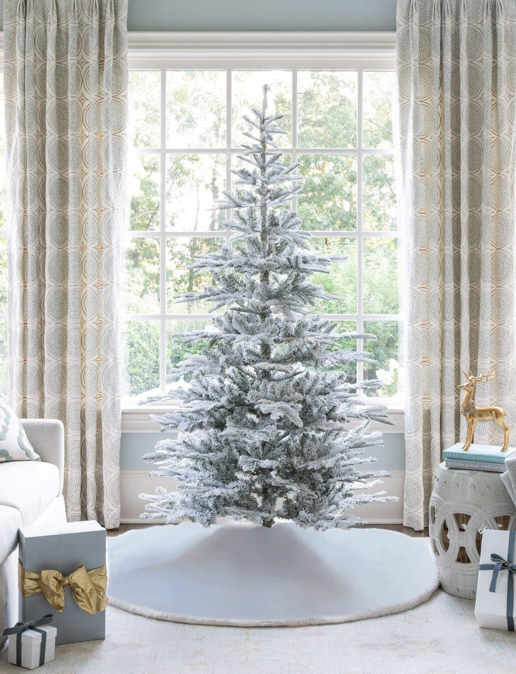7' King Noble Flock Artificial Christmas Tree with 500 Warm White LED Lights