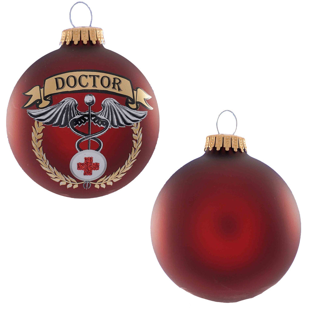 Christmas Tree Ornaments - 80mm / 3.25" Decorated Collectible Glass Balls from Christmas by Krebs - Handmade Hanging Holiday Decorations for Trees (Doctor Caduceus)