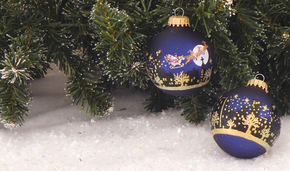 Glass Christmas Tree Ornaments - 67mm/2.63" [4 Pieces] Decorated Balls from Christmas by Krebs Seamless Hanging Holiday Decor (Velvet Blue with Night Before Christmas)