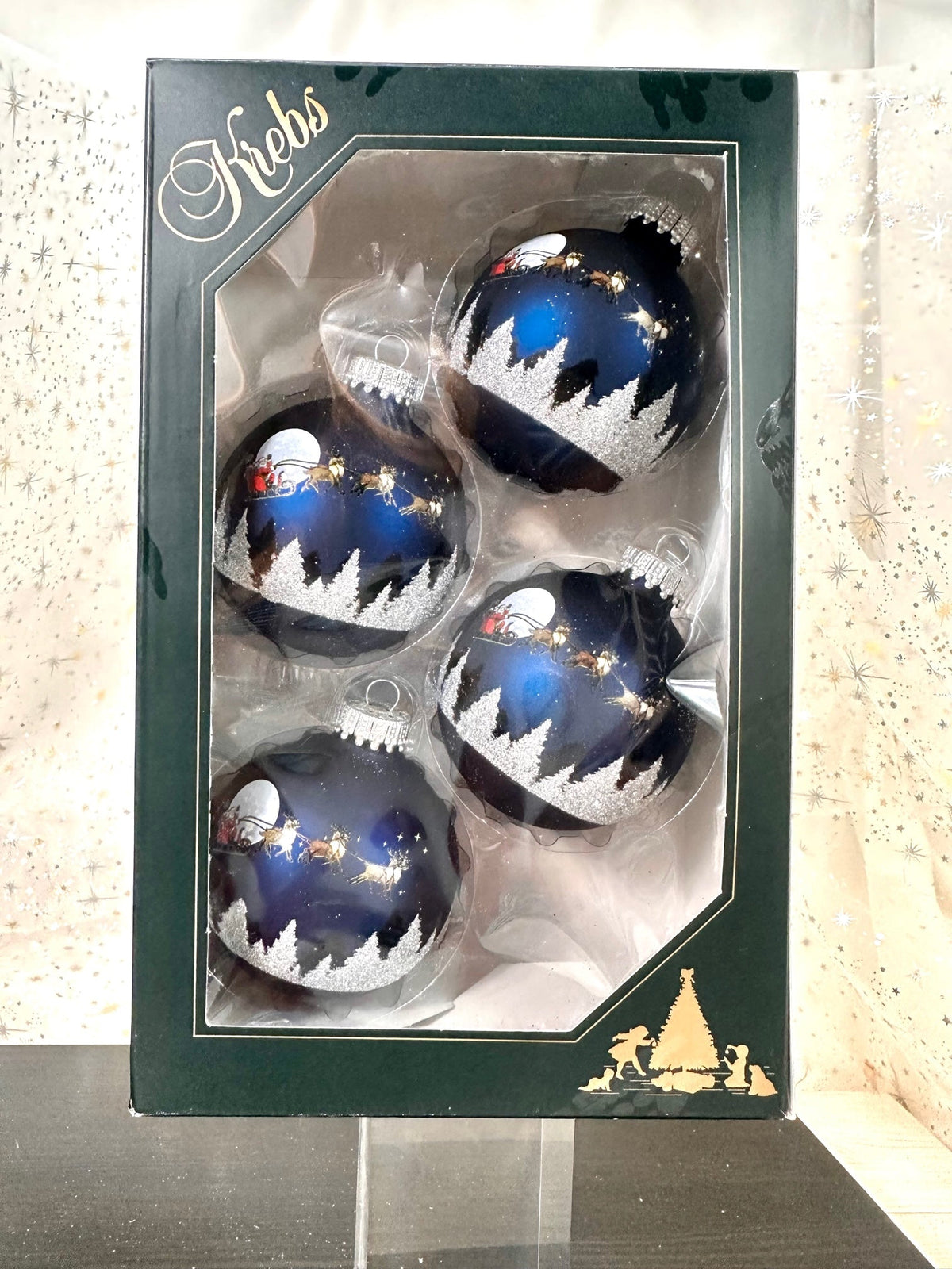 Glass Christmas Tree Ornaments - 67mm/2.63" [4 Pieces] Decorated Balls from Christmas by Krebs Seamless Hanging Holiday Decor (Midnight Haze Blue with Spirit of Christmas)