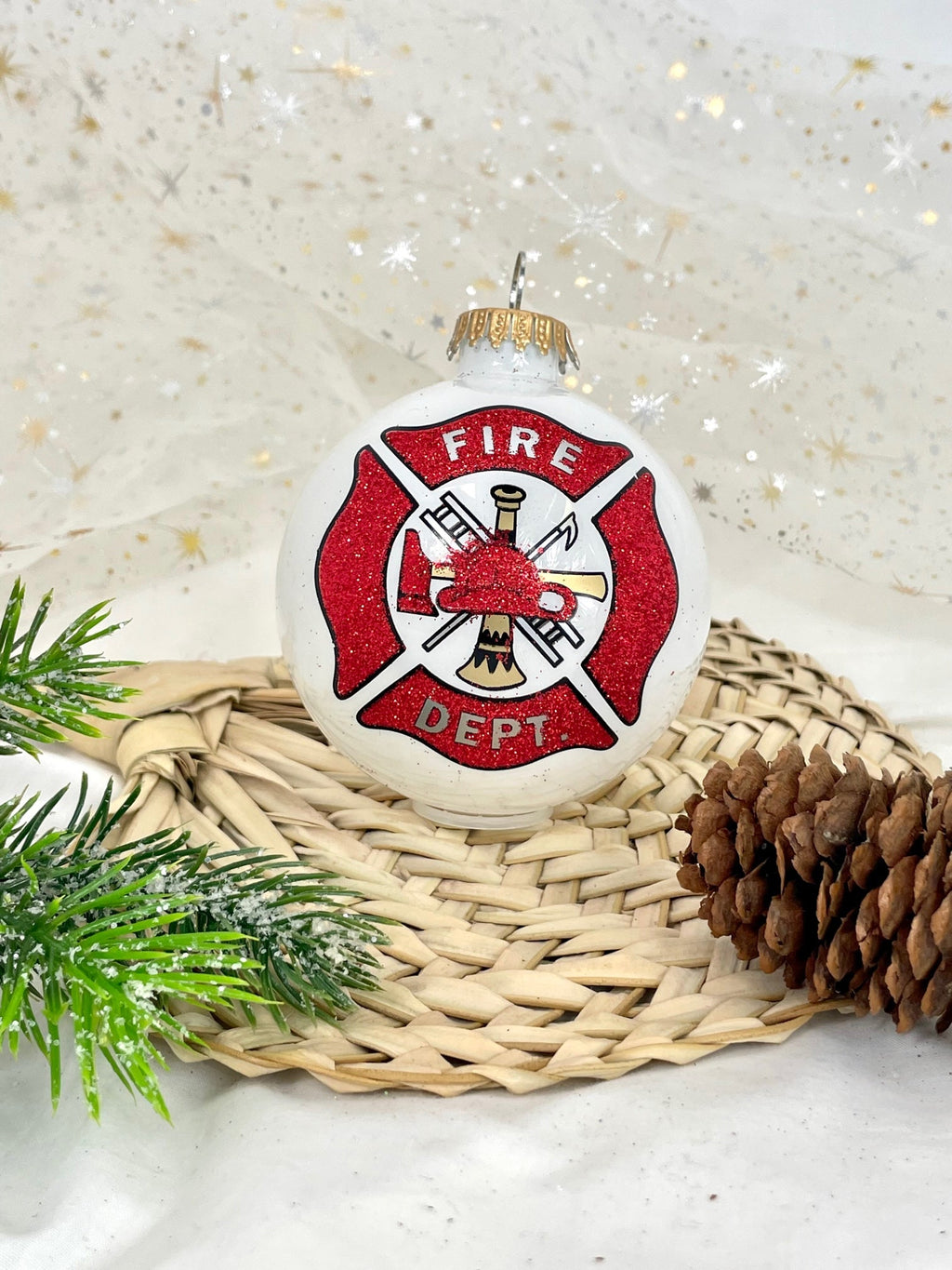 Christmas Tree Ornaments - 80mm / 3.25" Decorated Collectible Glass Balls from Christmas by Krebs - Handmade Hanging Holiday Decorations for Trees (Fire Department Logo)