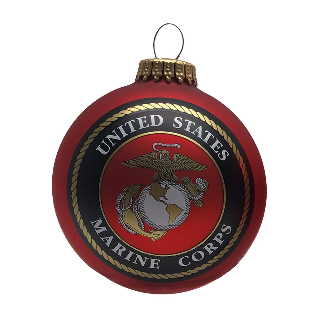 Christmas Tree Ornaments Made in the USA - 80mm / 3.25" Decorated Collectible Glass Balls from Christmas by Krebs - Handmade Hanging Holiday Decorations for Trees (Marine Corps Seal and Established Date, Silk)