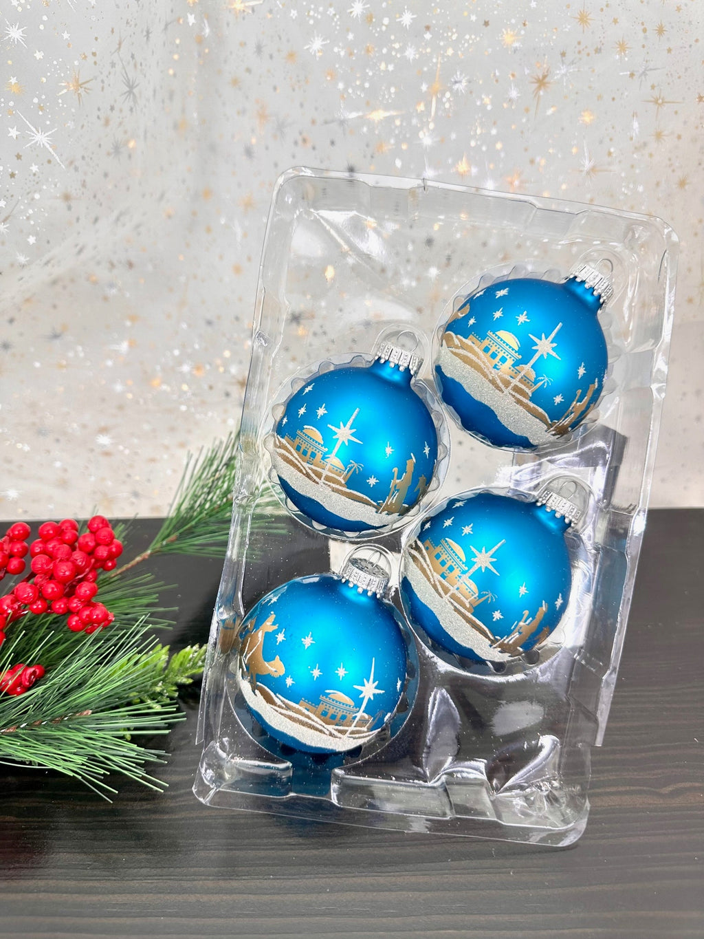 Glass Christmas Tree Ornaments - 67mm/2.63" [4 Pieces] Decorated Balls from Christmas by Krebs Seamless Hanging Holiday Decor (Turquoise Bliss Blue with Bethlehem Scene)