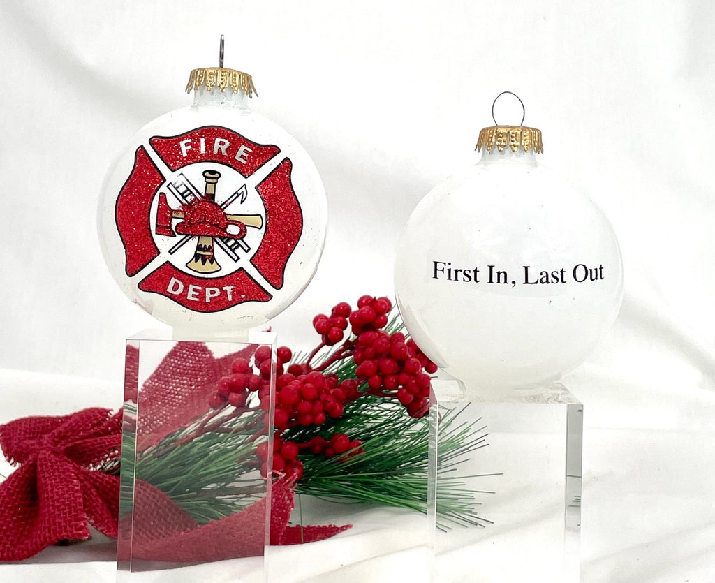Christmas Tree Ornaments - 80mm / 3.25" Decorated Collectible Glass Balls from Christmas by Krebs - Handmade Hanging Holiday Decorations for Trees (Fire Department Logo)