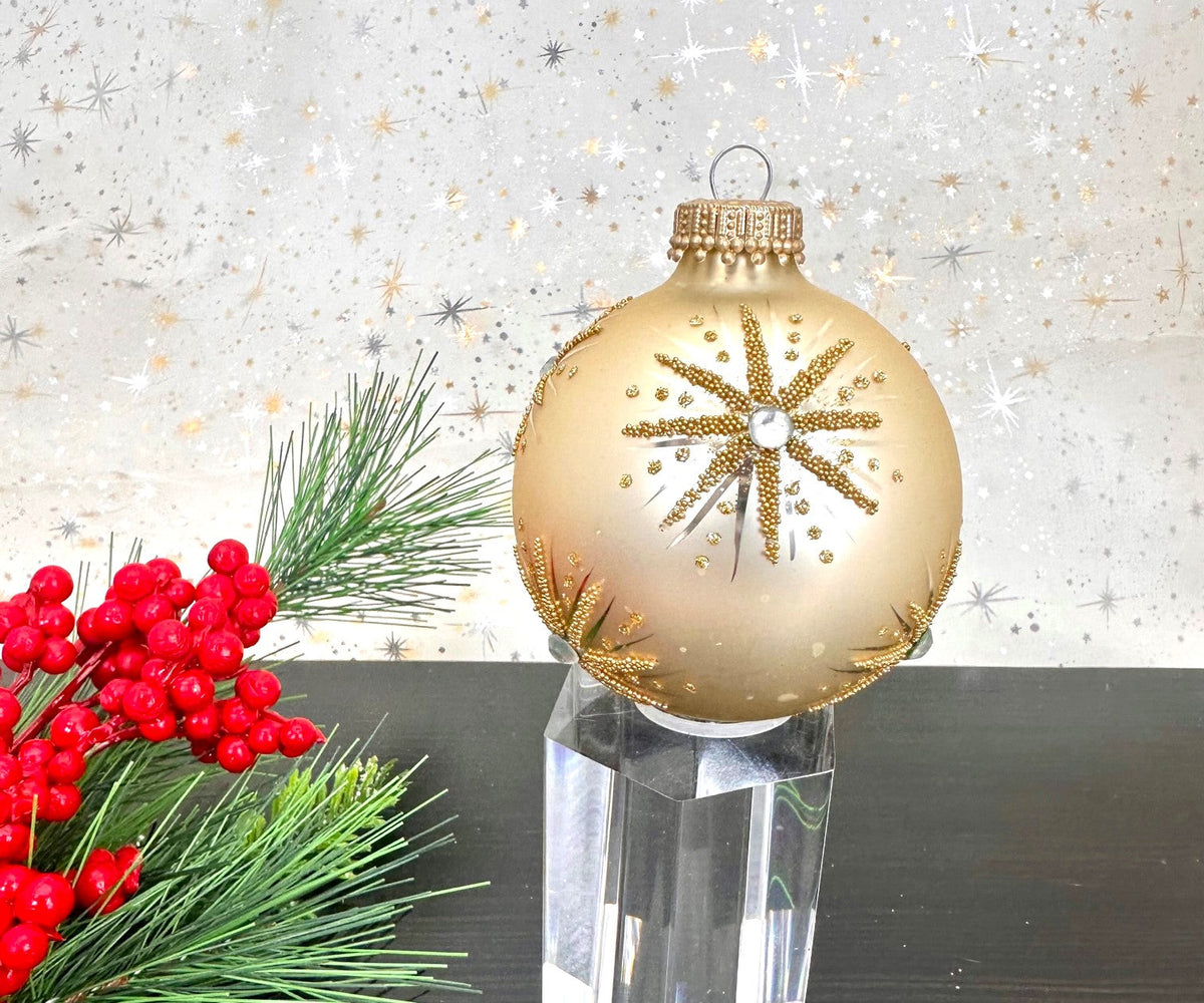 Glass Christmas Tree Ornaments - 67mm/2.625" [4 Pieces] Decorated Balls from Christmas by Krebs Seamless Hanging Holiday Decor (Oyster Velvet with Elegant Starbursts)