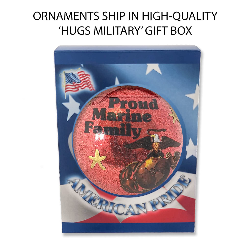 Christmas Tree Ornaments Made in the USA - 80mm / 3.25" Decorated Collectible Glass Balls from Christmas by Krebs - Handmade Hanging Holiday Decoration for Trees (Proud Marine Corps Family)