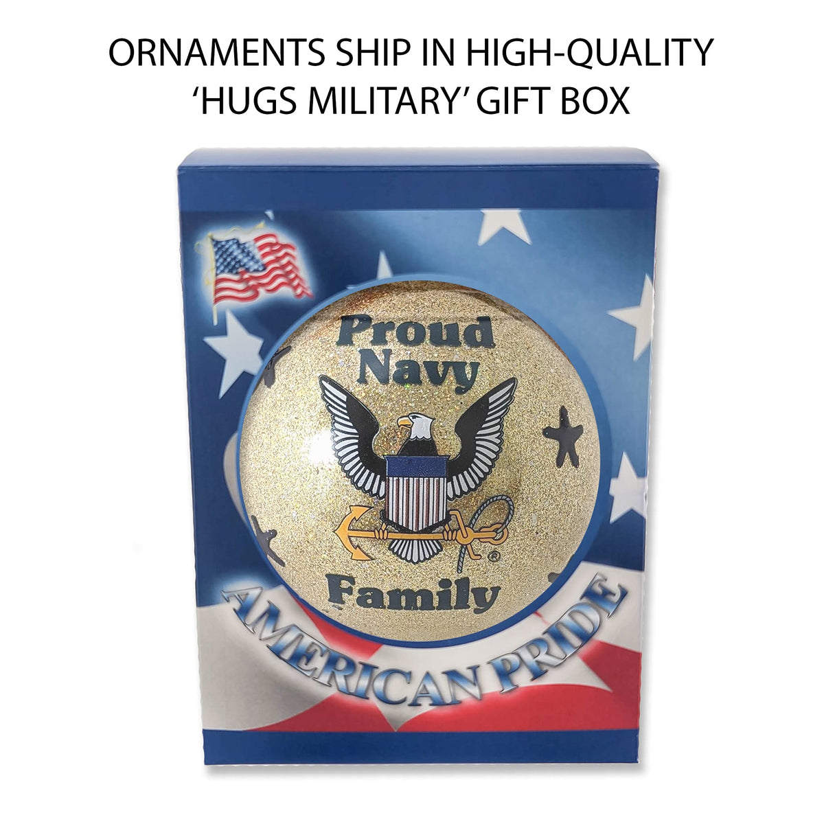 Christmas Tree Ornaments Made in the USA - 80mm / 3.25" Decorated Collectible Glass Balls from Christmas by Krebs - Handmade Hanging Holiday Decoration for Trees (HUGS Proud Navy Family)