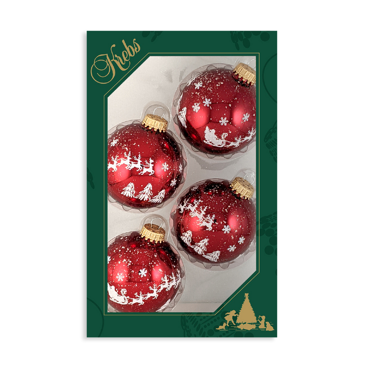 Glass Christmas Tree Ornaments - 67mm/2.63" [4 Pieces] Decorated Balls from Christmas by Krebs Seamless Hanging Holiday Decor (Christmas Red with Flying Santa Sleigh)