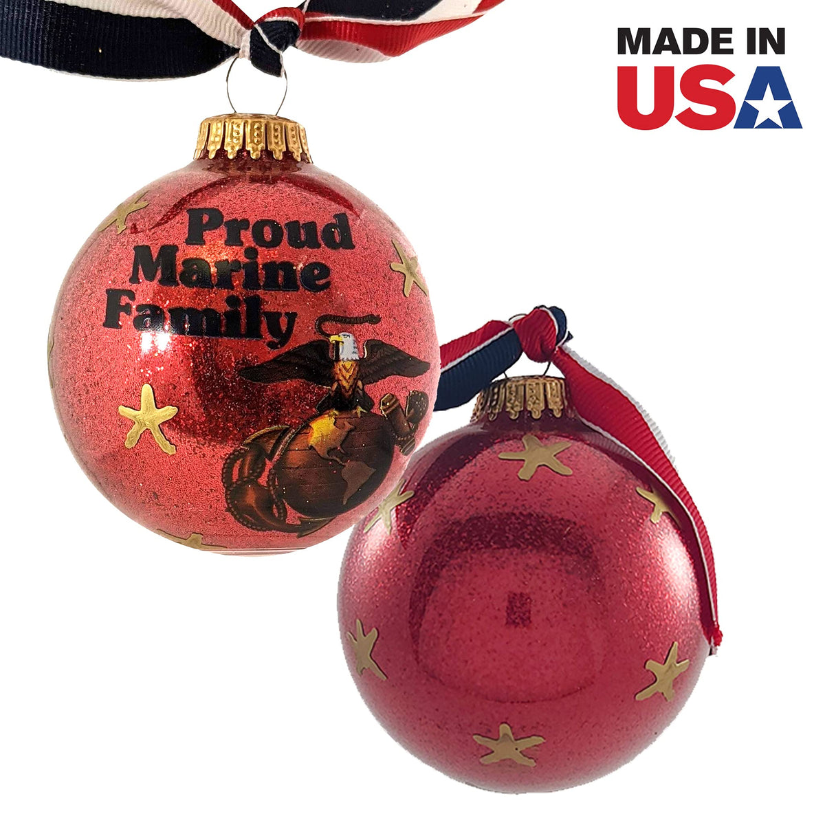 Christmas Tree Ornaments Made in the USA - 80mm / 3.25" Decorated Collectible Glass Balls from Christmas by Krebs - Handmade Hanging Holiday Decoration for Trees (Proud Marine Corps Family)