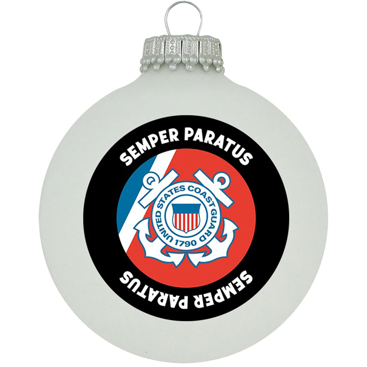 Christmas Tree Ornaments Made in the USA - 80mm / 3.25" Decorated Collectible Glass Balls from Christmas by Krebs - Handmade Hanging Holiday Decoration for Trees (USCG Logo & Hymn)