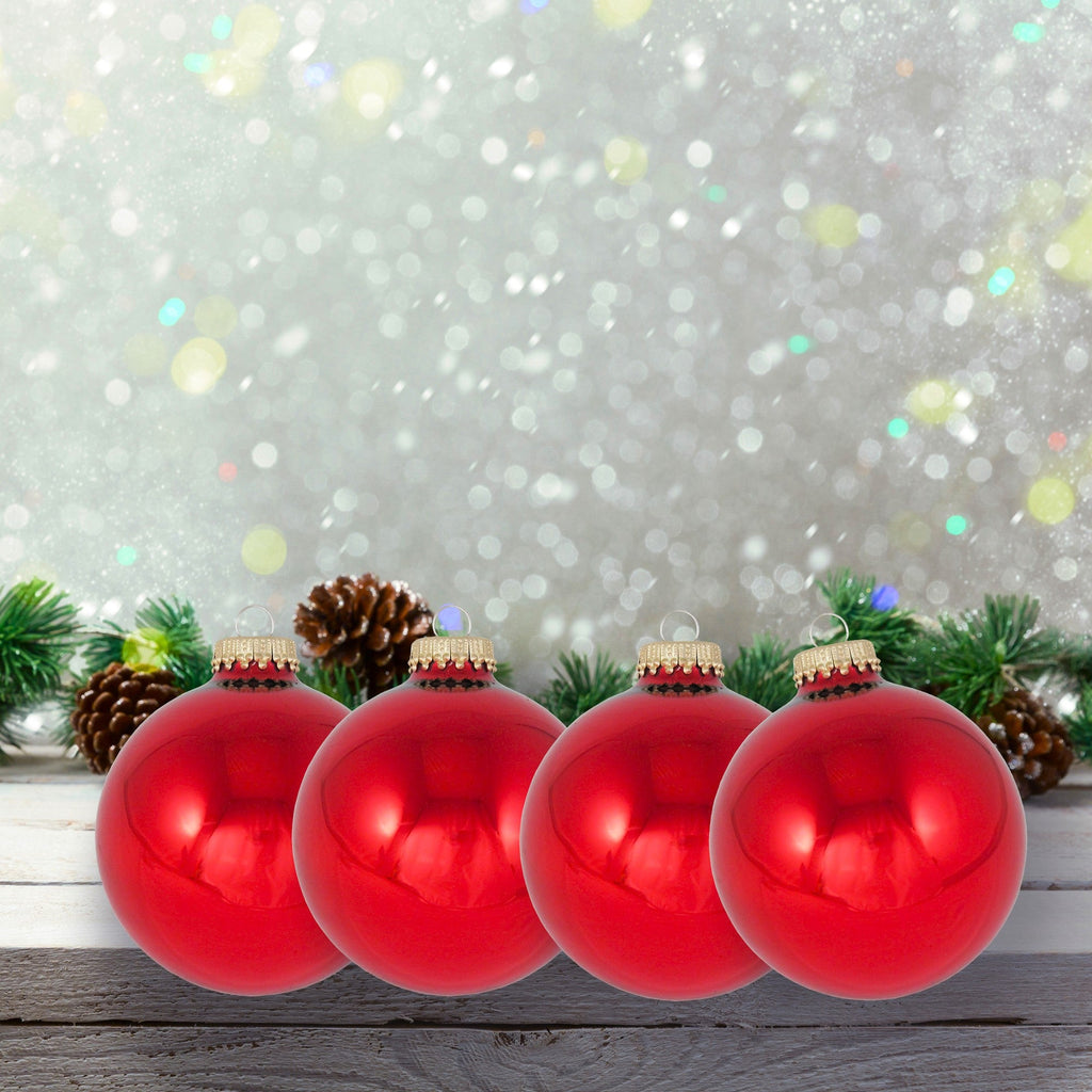 Glass Christmas Tree Ornaments - 80mm / 3.25" [4 Pieces] Designer Balls from Christmas By Krebs Seamless Hanging Holiday Decor (Christmas Red)