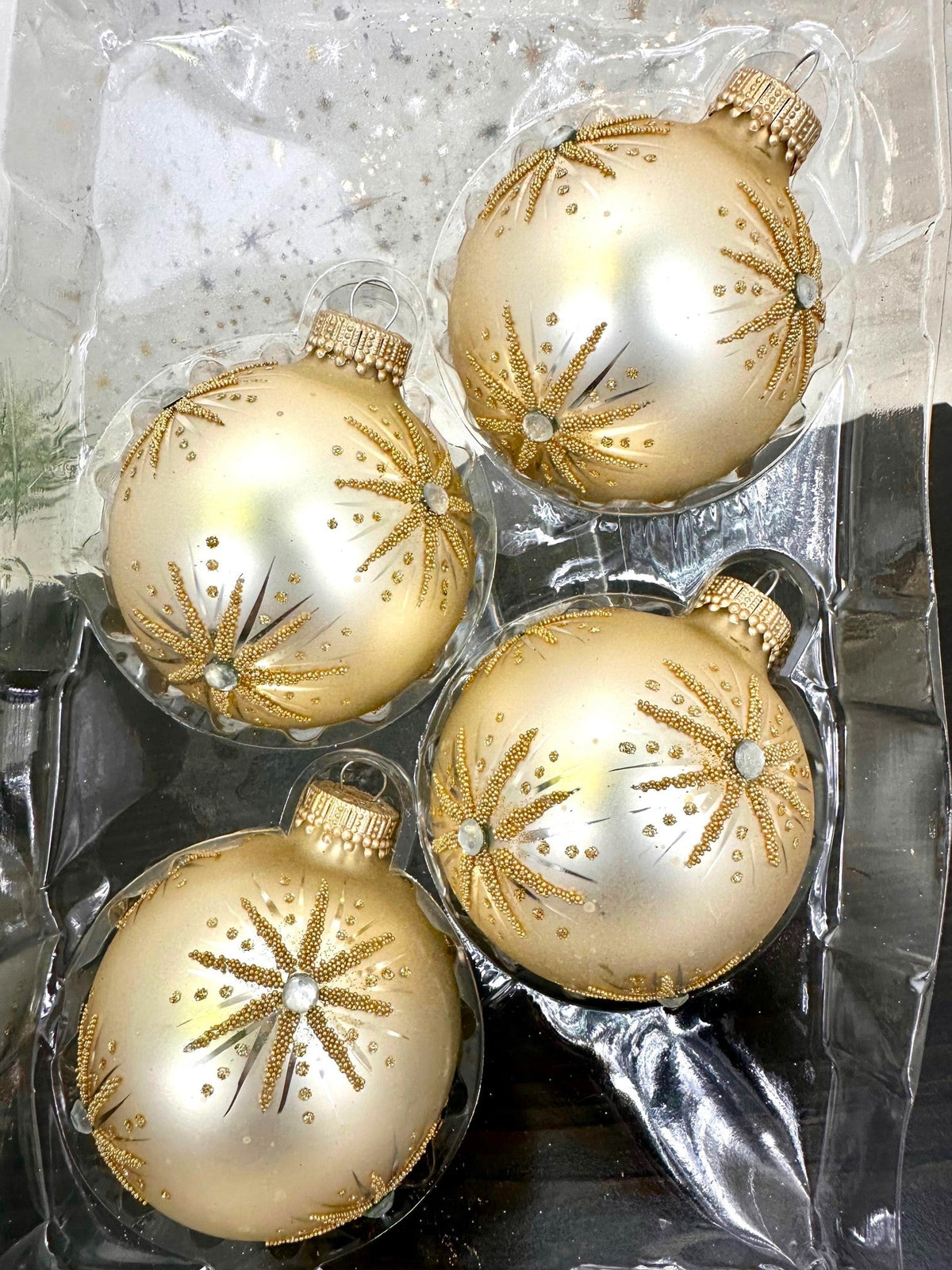 Glass Christmas Tree Ornaments - 67mm/2.625" [4 Pieces] Decorated Balls from Christmas by Krebs Seamless Hanging Holiday Decor (Oyster Velvet with Elegant Starbursts)