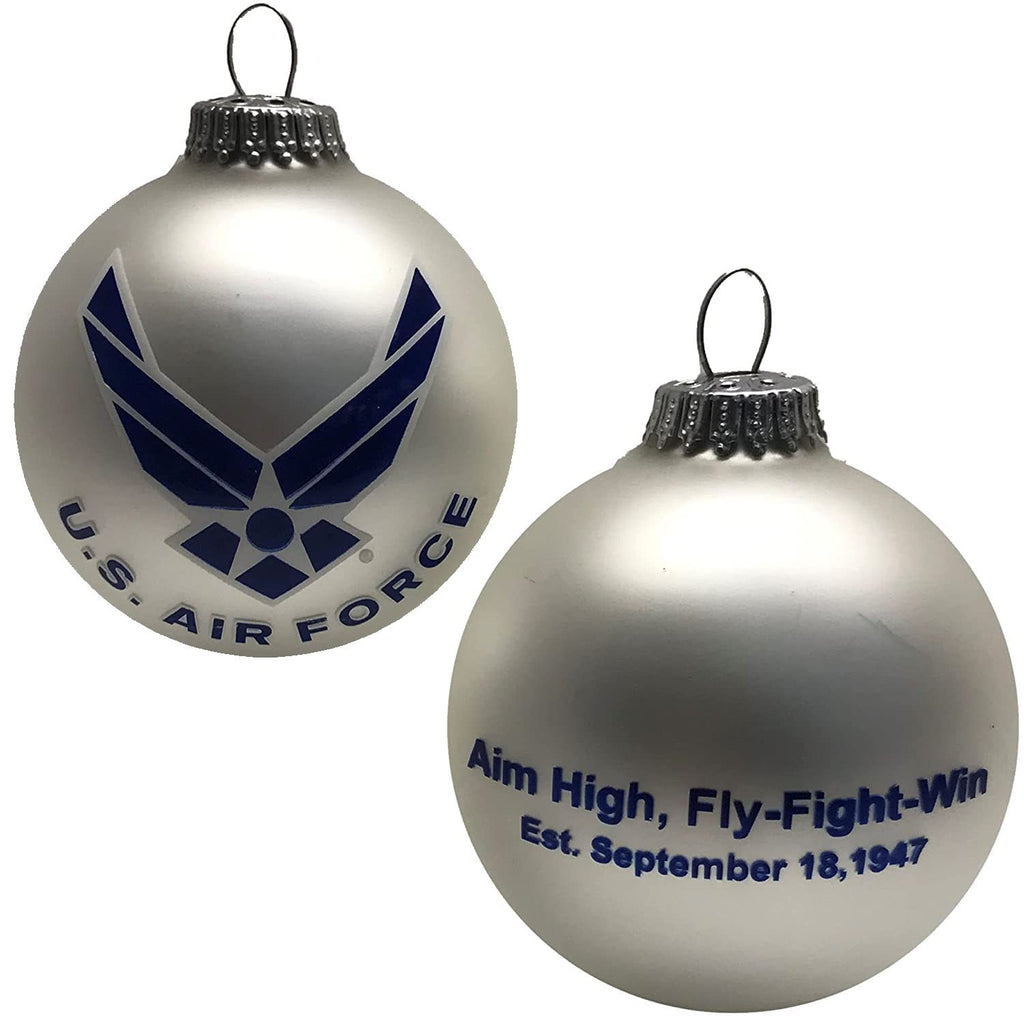 Christmas Tree Ornaments Made in the USA - 80mm / 3.25" Decorated Collectible Glass Balls from Christmas by Krebs - Handmade Hanging Holiday Decoration for Trees (USAF with Est Date, Logo)