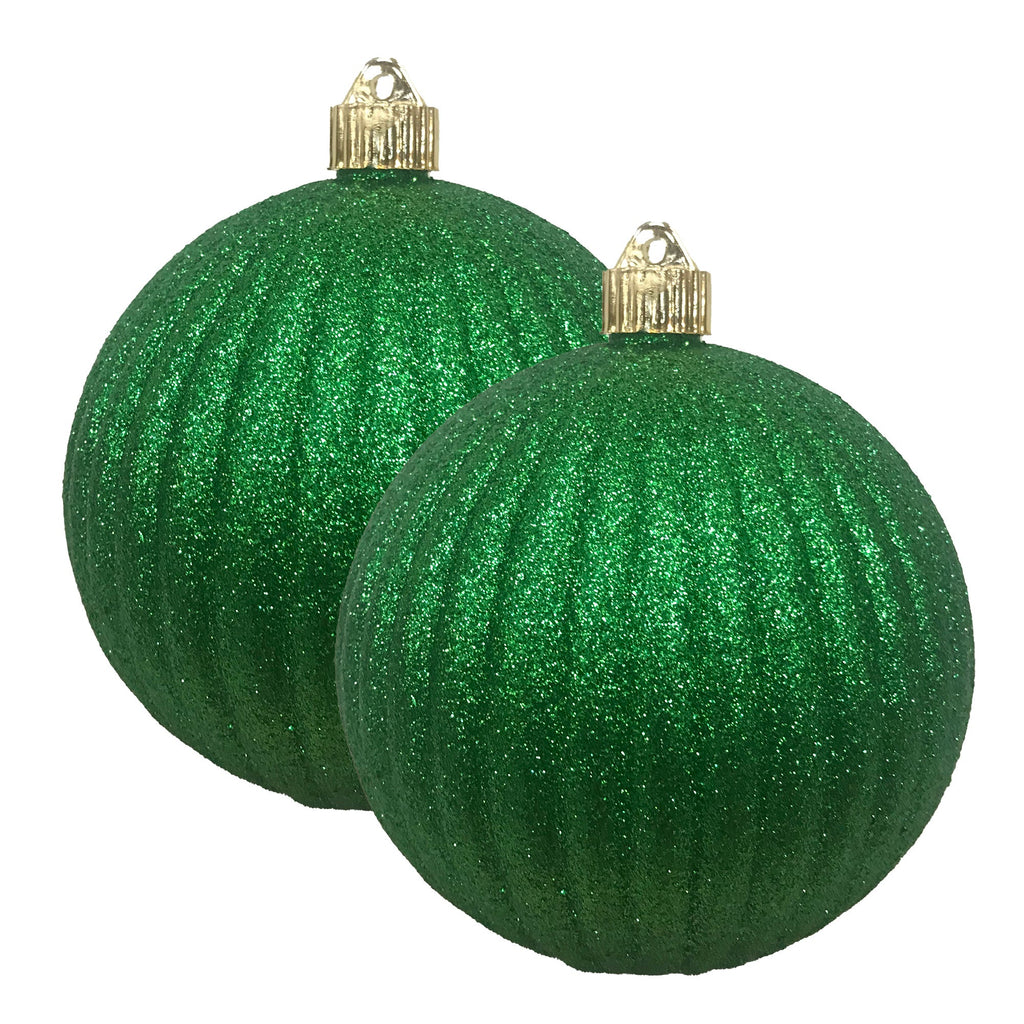 Christmas By Krebs 6" (150mm) Ribbed Green Glitter [2 Pieces] Solid Commercial Grade Indoor and Outdoor Shatterproof Plastic, Water Resistant Ball Ornament Decorations