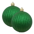 Christmas By Krebs 6" (150mm) Ribbed Green Glitter [2 Pieces] Solid Commercial Grade Indoor and Outdoor Shatterproof Plastic, Water Resistant Ball Ornament Decorations