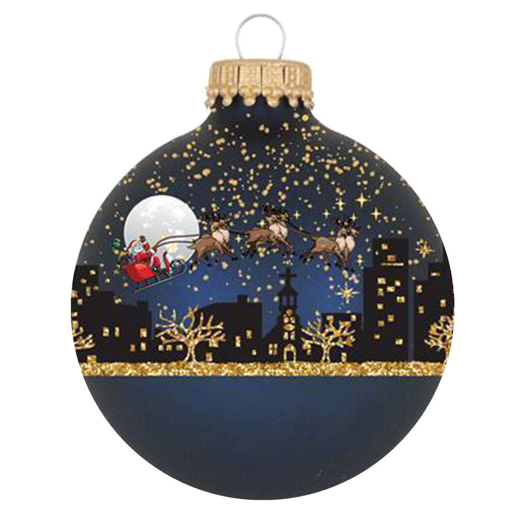 Glass Christmas Tree Ornaments - 67mm/2.63" [4 Pieces] Decorated Balls from Christmas by Krebs Seamless Hanging Holiday Decor (Midnight Haze Blue with Midnight Before Christmas)