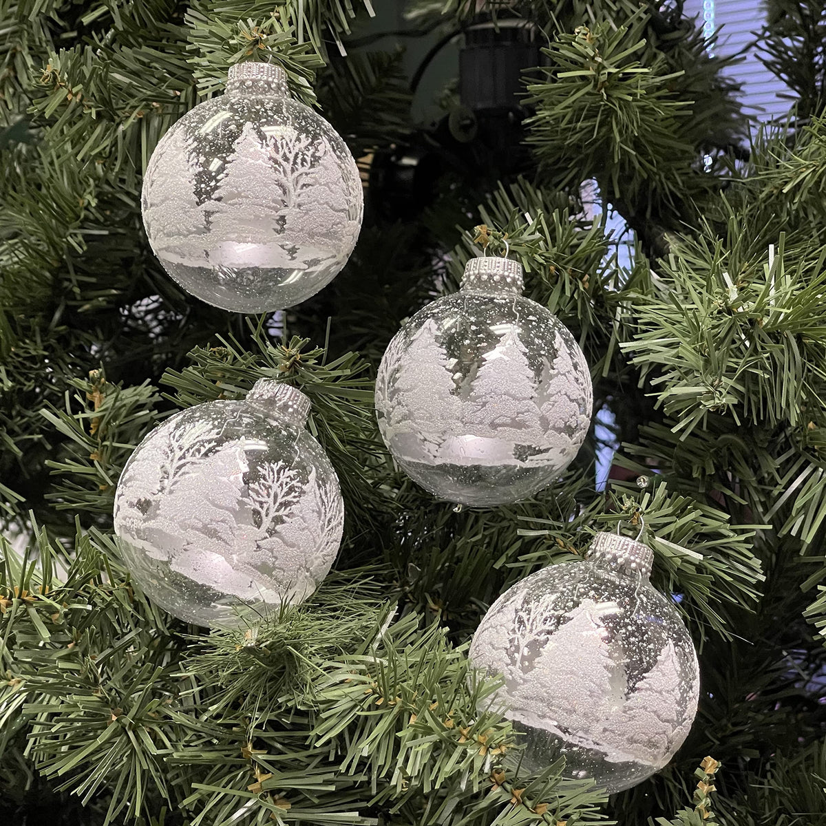 Glass Christmas Tree Ornaments - 67mm/2.63" [4 Pieces] Decorated Balls from Christmas by Krebs Seamless Hanging Holiday Decor (Clear with Silver and White Trees)