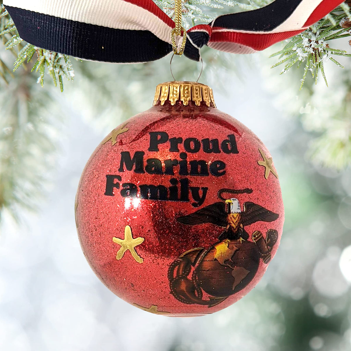 Christmas Tree Ornaments Made in the USA - 80mm / 3.25" Decorated Collectible Glass Balls from Christmas by Krebs - Handmade Hanging Holiday Decoration for Trees (Proud Marine Corps Family)
