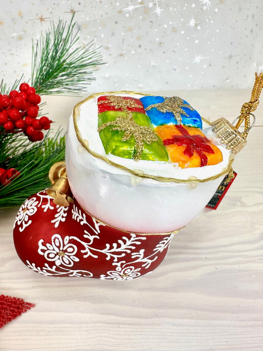 Christmas By Krebs Blown Glass  Collectible Tree Ornaments  (5 1/2" Stocking with Presents)