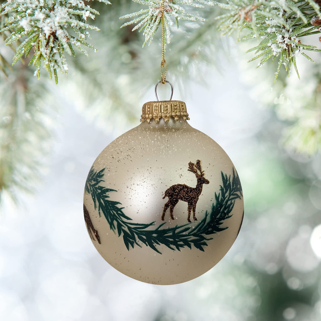 Glass Christmas Tree Ornaments - 67mm/2.63" [4 Pieces] Decorated Balls from Christmas by Krebs Seamless Hanging Holiday Decor (Oyster Velvet w/ Brown Deer & Garland)