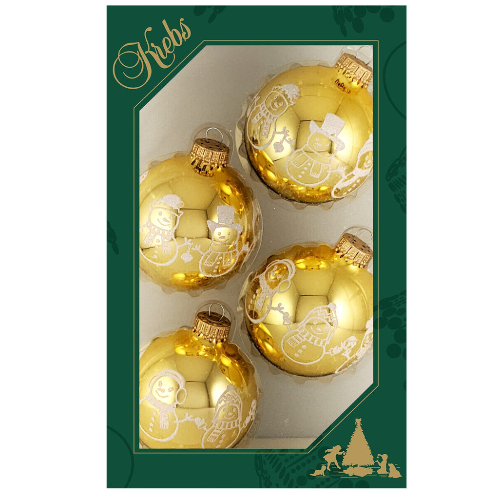 Glass Christmas Tree Ornaments - 67mm/2.63" [4 Pieces] Decorated Balls from Christmas by Krebs Seamless Hanging Holiday Decor (Golden Topaz with White Glitter Snowman Band)