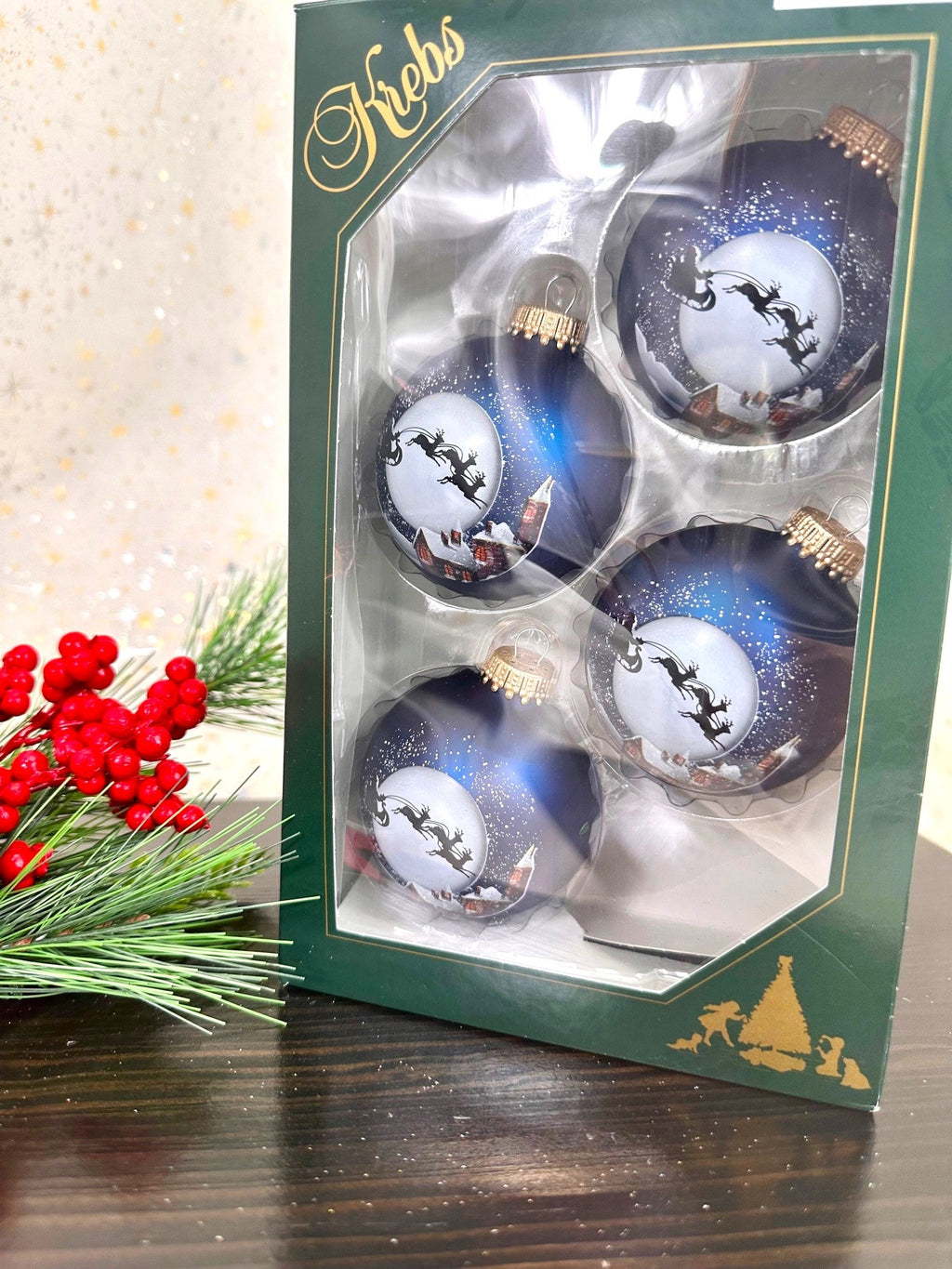 Glass Christmas Tree Ornaments - 67mm/2.63" [4 Pieces] Decorated Balls from Christmas by Krebs Seamless Hanging Holiday Decor (Navy Velvet Blue with Santa's Sleigh)