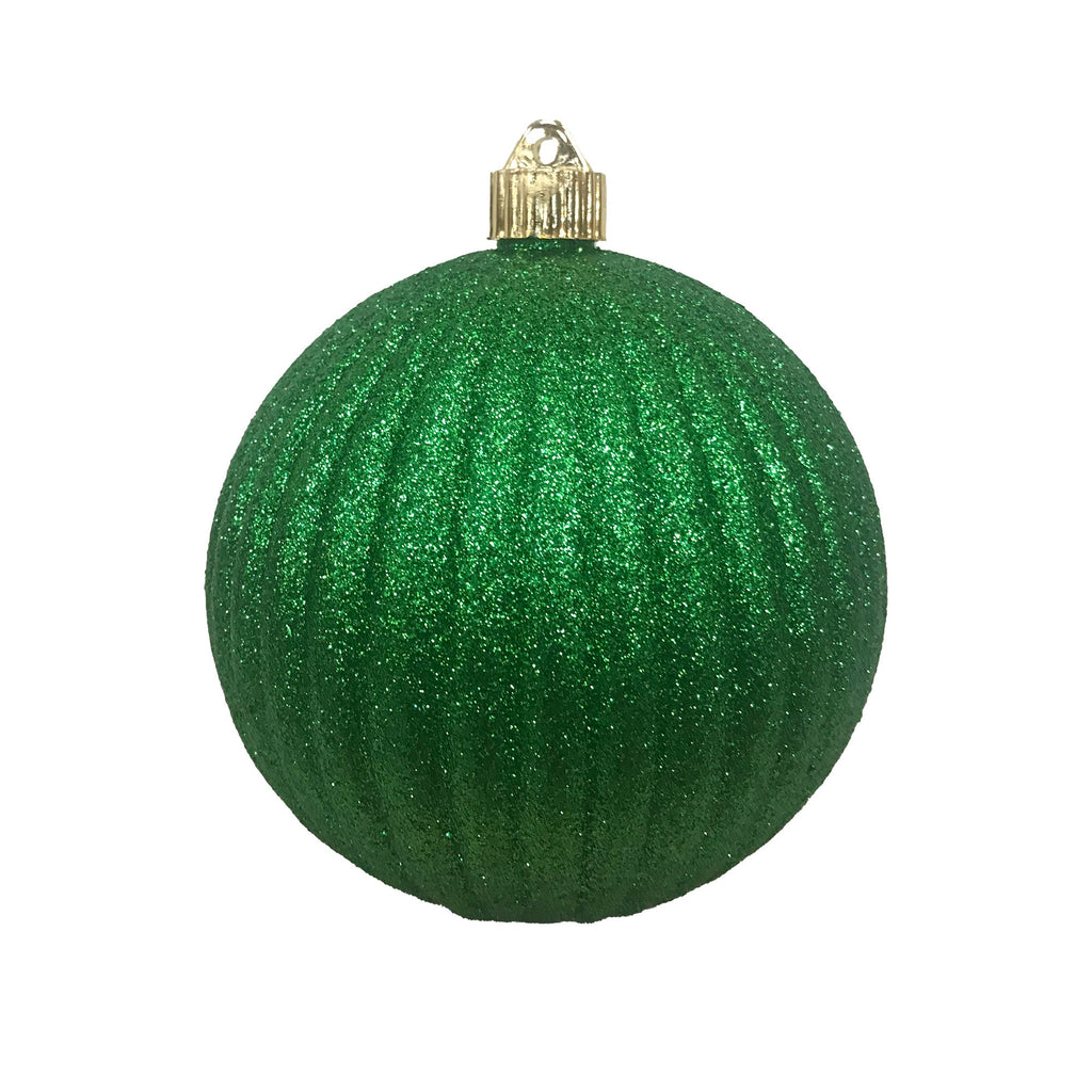 Christmas By Krebs 6" (150mm) Ribbed Green Glitter [2 Pieces] Solid Commercial Grade Indoor and Outdoor Shatterproof Plastic, Water Resistant Ball Ornament Decorations
