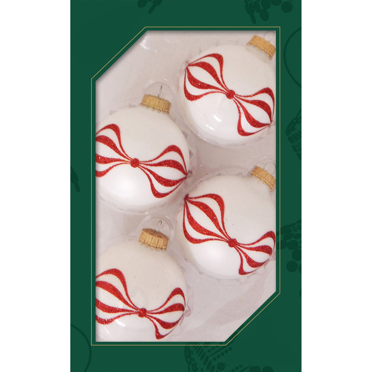 Glass Christmas Tree Ornaments - 67mm/2.63" [4 Pieces] Decorated Balls from Christmas by Krebs Seamless Hanging Holiday Decor (Snow Sparkle with Red Finial Ripples)