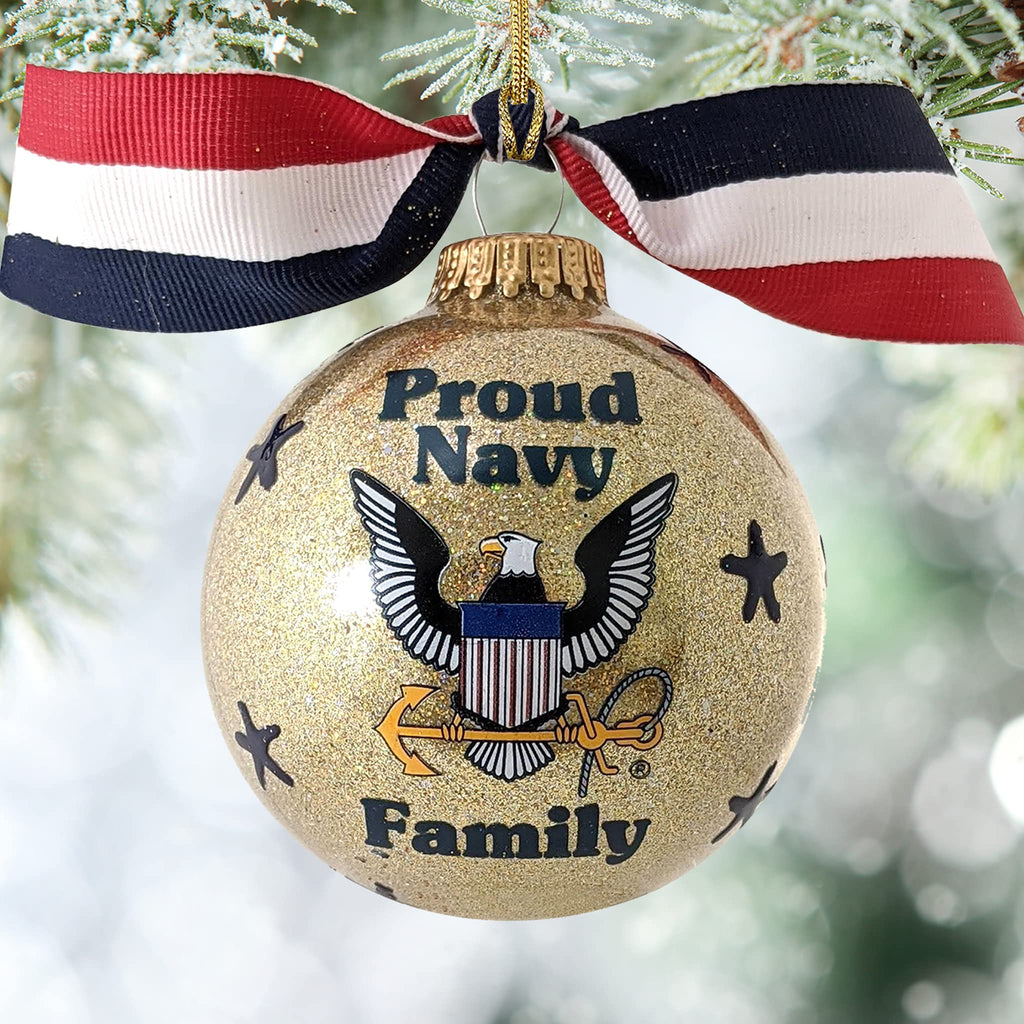 Christmas Tree Ornaments Made in the USA - 80mm / 3.25" Decorated Collectible Glass Balls from Christmas by Krebs - Handmade Hanging Holiday Decoration for Trees (HUGS Proud Navy Family)