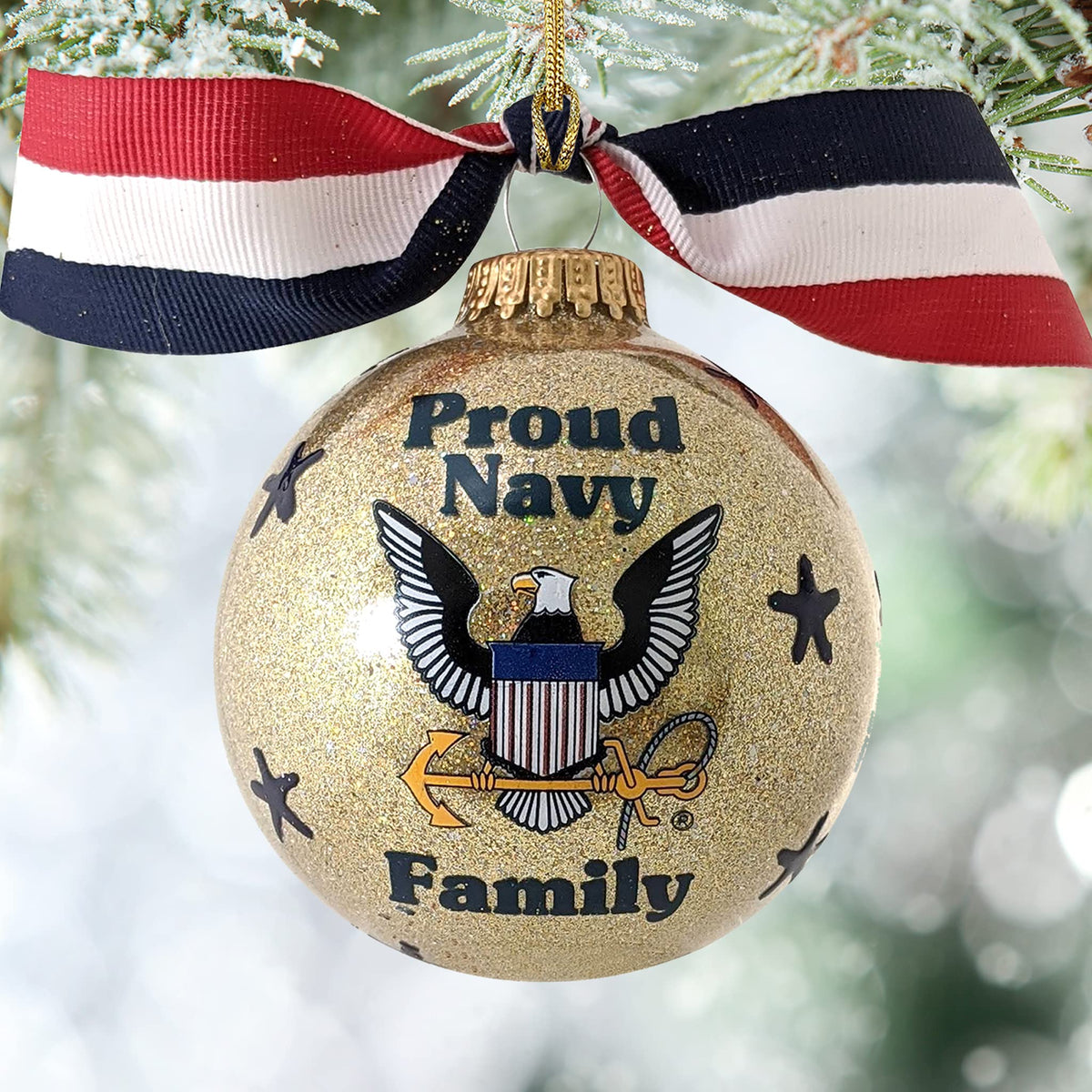 Christmas Tree Ornaments Made in the USA - 80mm / 3.25" Decorated Collectible Glass Balls from Christmas by Krebs - Handmade Hanging Holiday Decoration for Trees (HUGS Proud Navy Family)