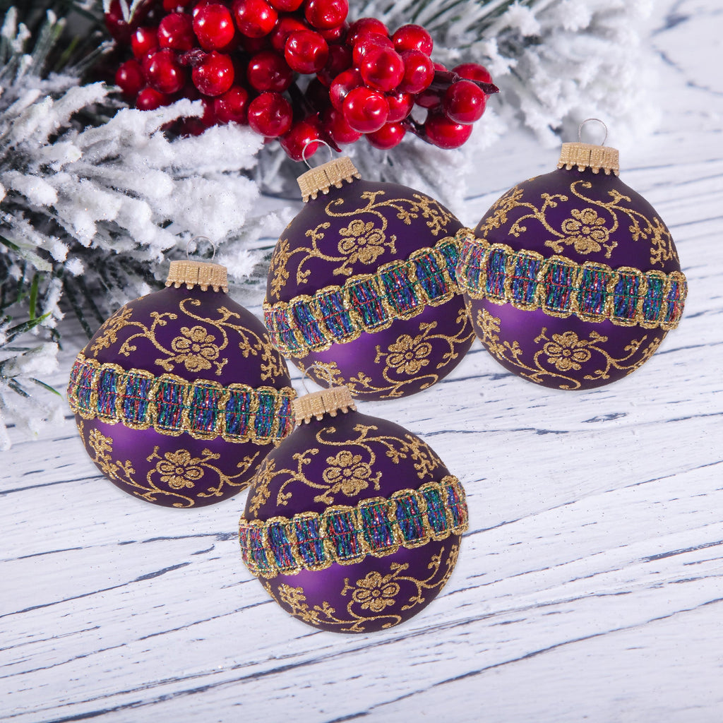 Glass Christmas Tree Ornaments - 67mm/2.63" [4 Pieces] Decorated Balls from Christmas by Krebs Seamless Hanging Holiday Decor (Shiny and Velvet Purple with Glitter & Braid)