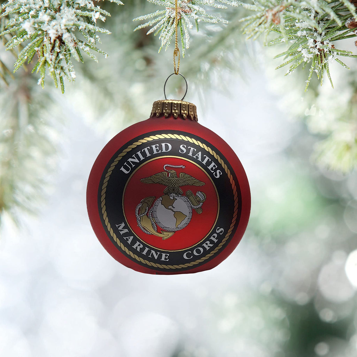 Christmas Tree Ornaments Made in the USA - 80mm / 3.25" Decorated Collectible Glass Balls from Christmas by Krebs - Handmade Hanging Holiday Decorations for Trees (Marine Corps Seal and Established Date, Silk)