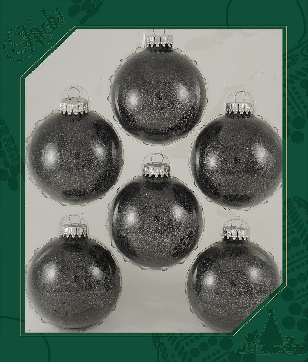 Glass Christmas Tree Ornaments - 67mm / 2.63" [6 Pieces] Designer Balls from Christmas By Krebs Seamless Hanging Holiday Decor (Black Sparkle)