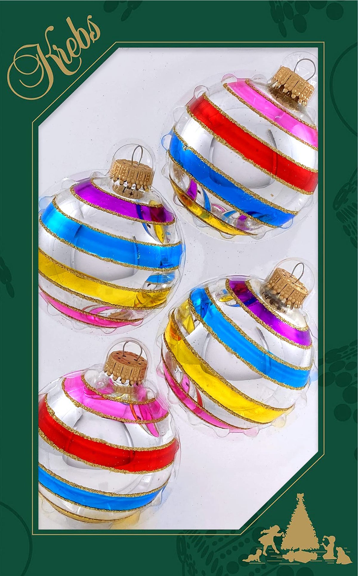Glass Christmas Tree Ornaments - 67mm/2.63" [4 Pieces] Decorated Balls from Christmas by Krebs Seamless Hanging Holiday Decor (Bright Silver with Multicolor Lines)