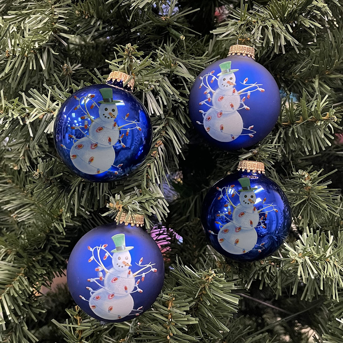 Glass Christmas Tree Ornaments - 67mm/2.63" [4 Pieces] Decorated Balls from Christmas by Krebs Seamless Hanging Holiday Decor (Victoria Blue and Royal Velvet With Snowman)